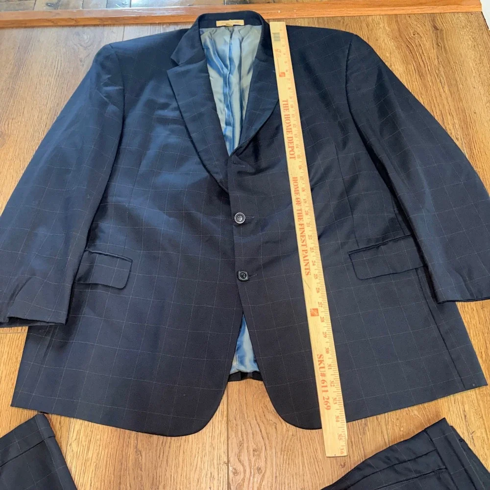 Giorgio Cosani Mens Navy Wool Cashmere Suit Blazer 52R Pants 46x31 Windowpane